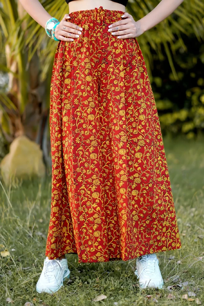 Red and Yellow Cotton Wrap Skirt with Bagh Hand Block Pattern-2.webp